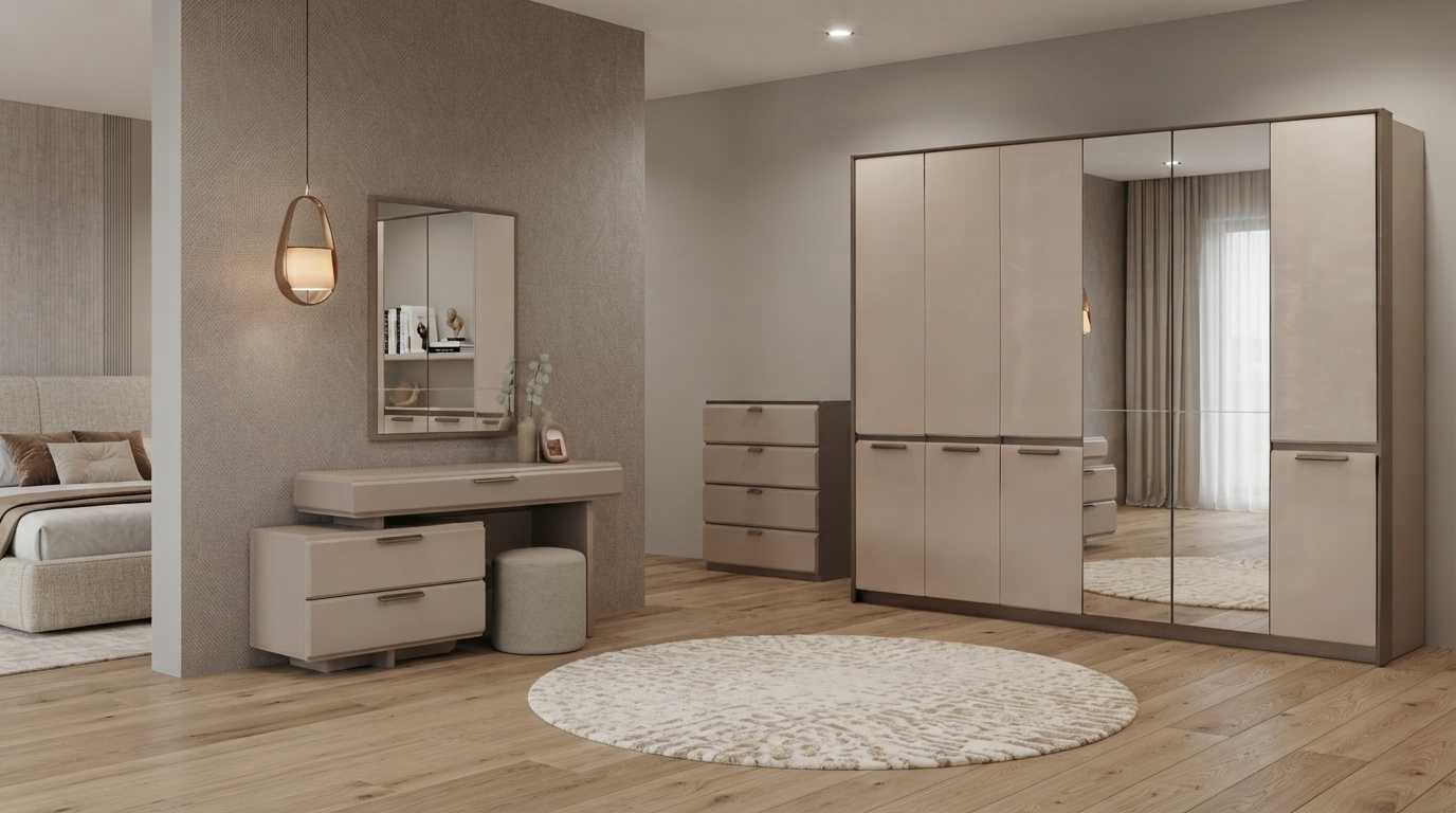 Kleiderschrank Schminktisch Kommode Hocker Beige Modern Edel Set