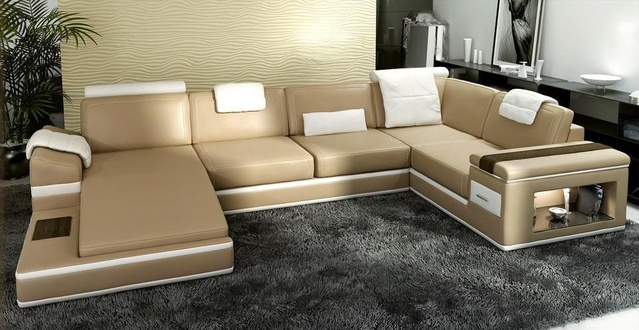 Corner Sofa Couch Upholstery Leather Set Corner Living Beige PHM104