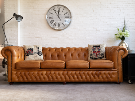 Chesterfield Big Sofa Modern 4-Seater Orange Comfy Couch With Cushions Faux Leather Upholstered