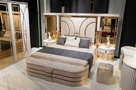 Bedroom set bed 2x bedside tables stool luxury new 5-piece design wood