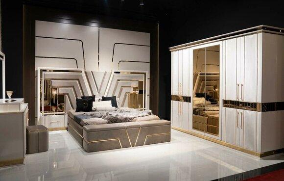 Bedroom set bed 2x bedside tables wardrobe 7-piece design luxury