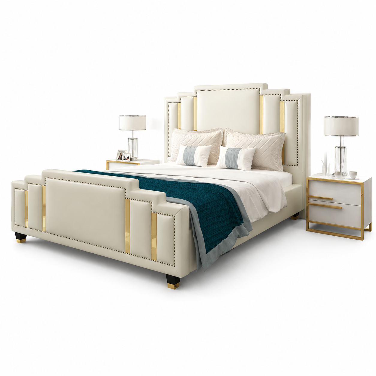 Luxurious Designer Double Bed in Wood and Stainless Steel in White/Gold Ready to Ship SOFORT