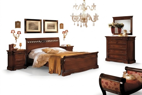 5-piece set of bedroom furniture, bed, 2 bedside tables, chest of drawers with mirror, brown