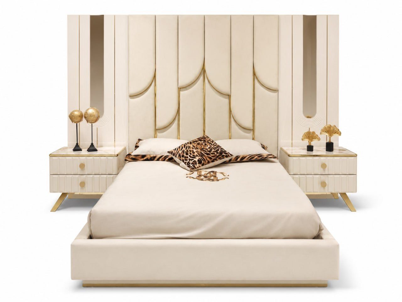 Luxury Upholstered Bed Beige Gold Art Deco with Nightstands Immediate SOFORT