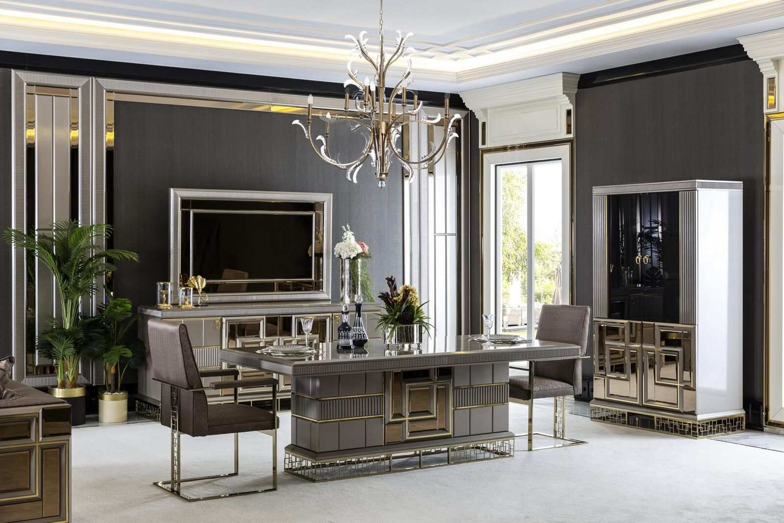 Elegant dining room set gray dining table 4x chairs sideboard mirror 8 pieces.