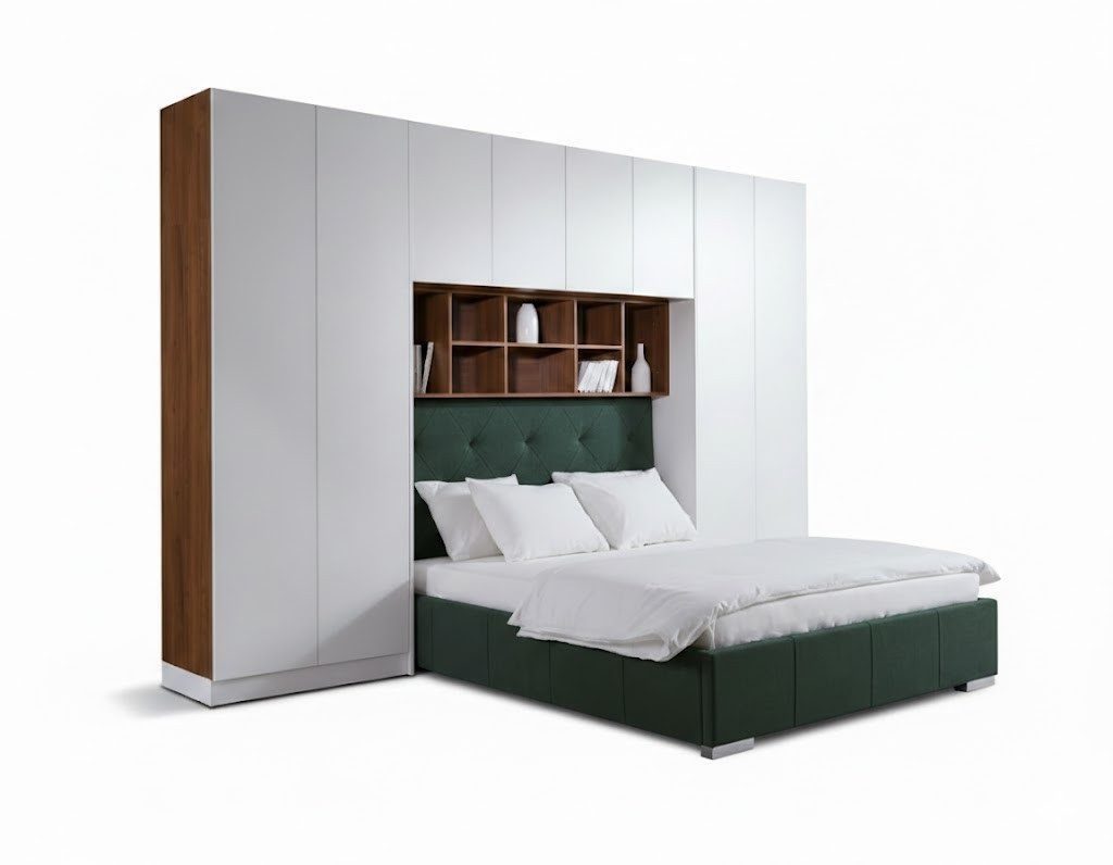 Bed set with upholstered bed and wall cabinet for the bedroom, ready for immediate delivery SOFORT