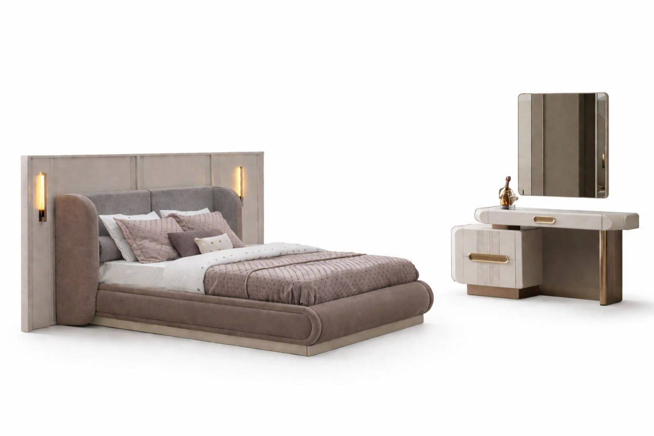 Luxury Upholstered Bed & Dressing Table Set Velvet Look Beige Ready SOFORT
