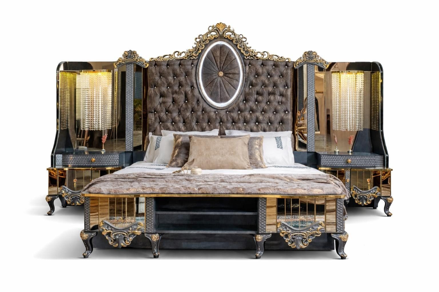Luxurious bed with mirrored dresser and gold accents Immediately SOFORT