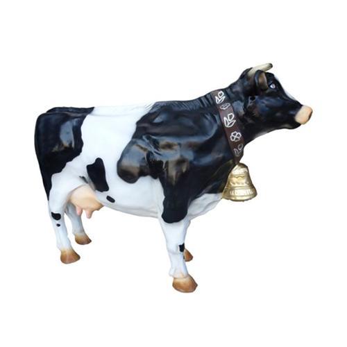 Decorative garden sculpture designed as a gloss white black colored standing cow with a bell 75cm XXL