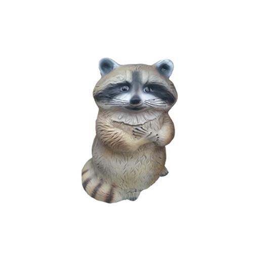 Natural colored motley dark grey decorative sculpture of standing raccoon with hands clasped on chest 40cm