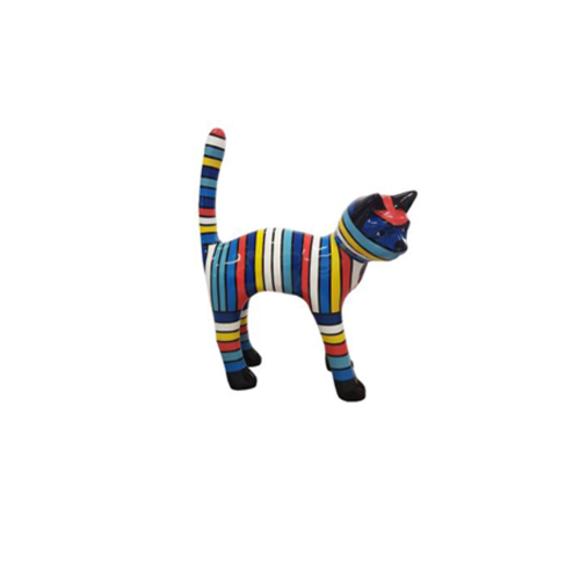 Abstract decorative sculpture designed as a gloss colorful standing cat with stripes 40cm
