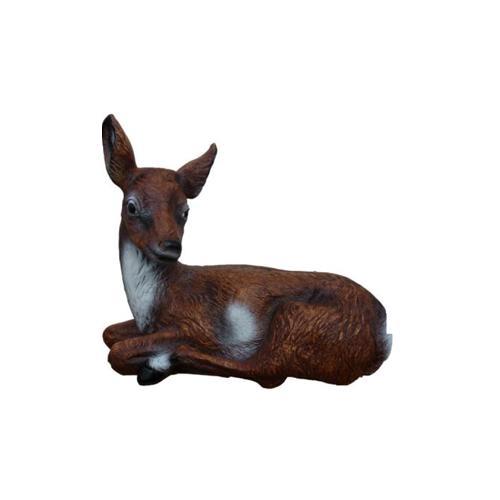 Decorative sculpture designed as a motley dark brown white colored lying deer 58cm