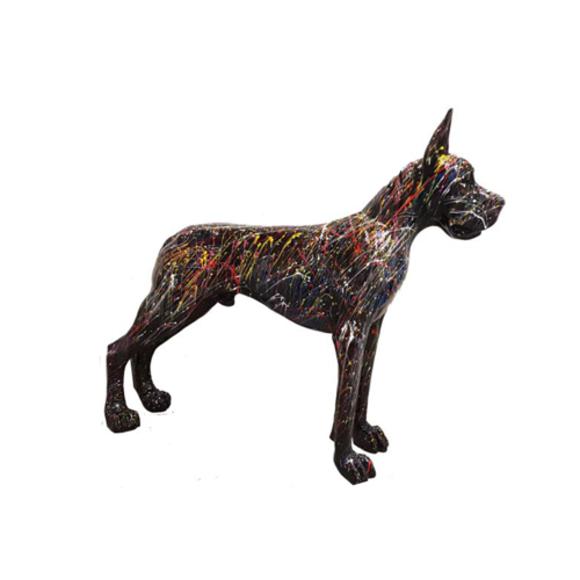 Abstract decorative sculpture designed as a black colored standing dog with colorful stripes 110x125cm