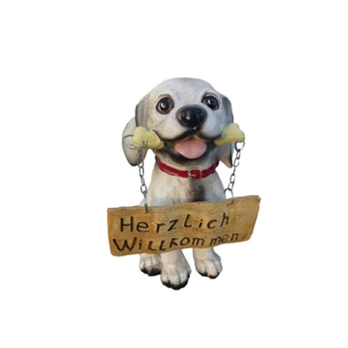 Decorative sculpture designed as a white puppy with a wooden welcoming tablet 30cm