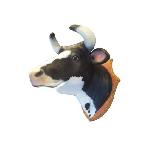 Wall deco figure of motley white black colored cow head with horns 77cm