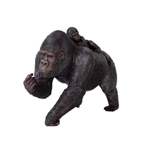 Deco figure of an original black colored gloss gorilla with a cub on back 64cm