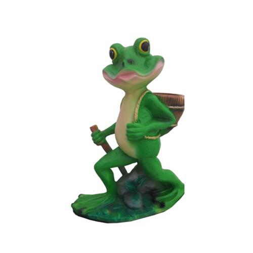 Cartoon deco figure of green colored walking frog with a cane & a basket 44cm