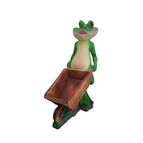 Green colored deco figure of a standing frog carrying a wheelbarrow 47cm