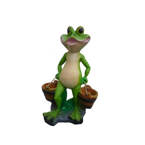Deco figure of a green walking frog carrying two wooden buckets 43cm