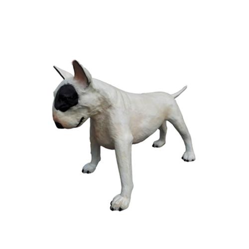 White colored deco figure of a standing looking down bull terrier with a black pattern 70cm