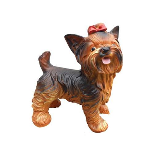 Brown colored decorative garden sculpture designed as a yorkshiere terrier puppy with red bow 20cm WG2020 (A452)