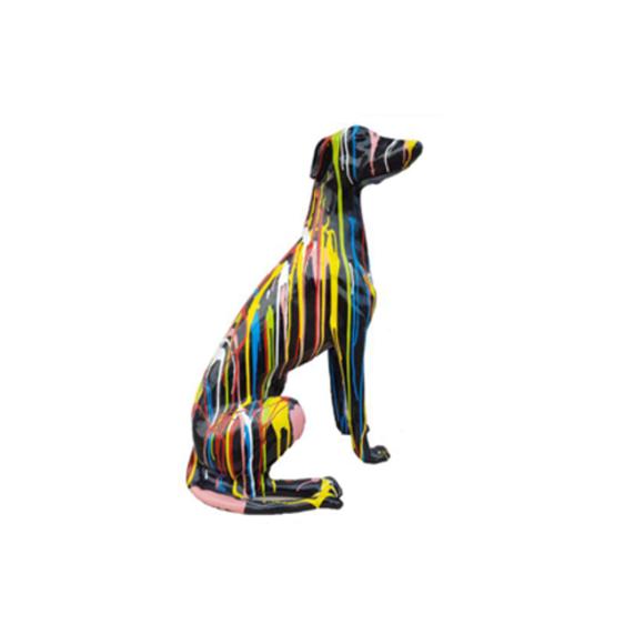 Decorative abstract sculpture designed as a black colored sitting dog in colorful stripes 80cm
