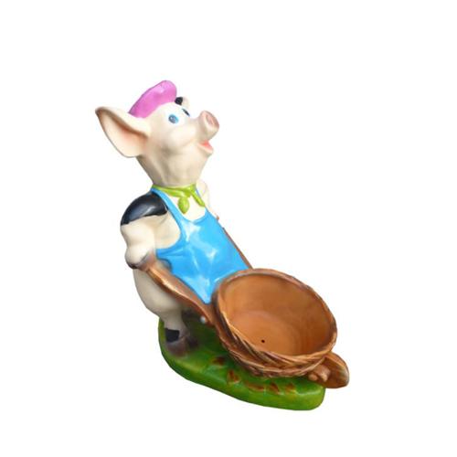 Deco cartoon figure of a piglic carrying a round wheelbarrow 42cm