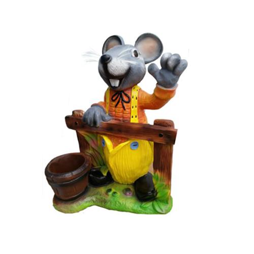 Cartoon deco figure of a grey mouse with a fence & a bucket 48cm