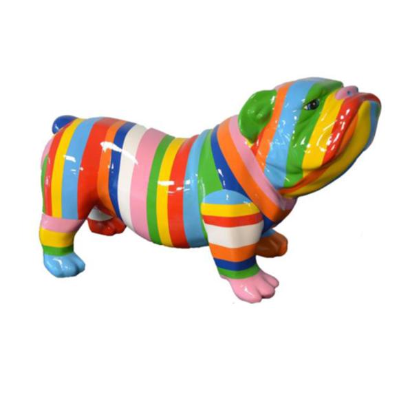 Decorative gloss abstract sculpture designed as a standing dog in bright colorful stripes 32x55cm