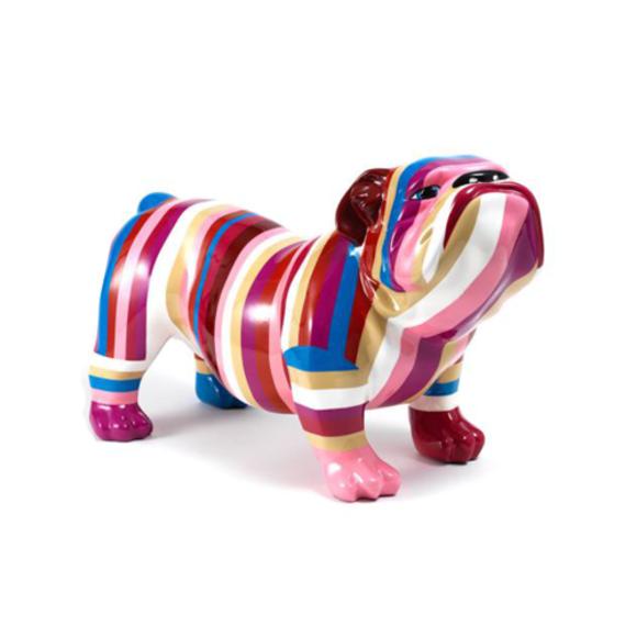 Decorative abstract sculpture designed as a gloss standing dog in pink tones colored stripes 32x55cm
