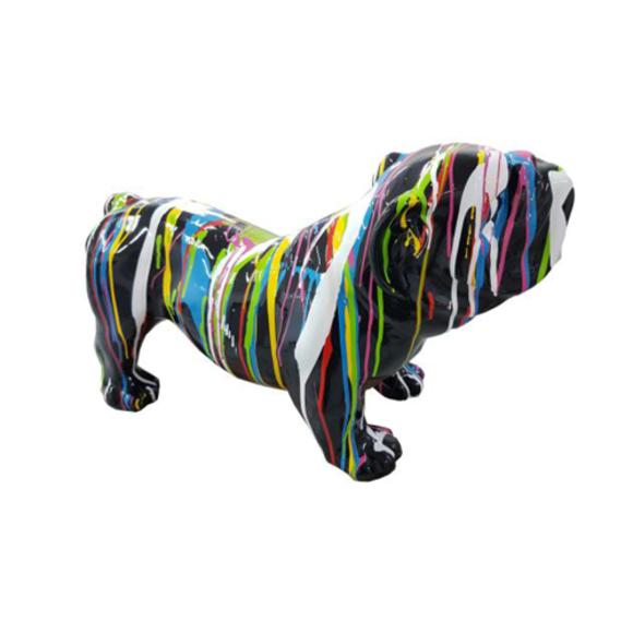 Abstract decorative sculpture designed as a gloss black colored dog in colorful stripes 32x55cm