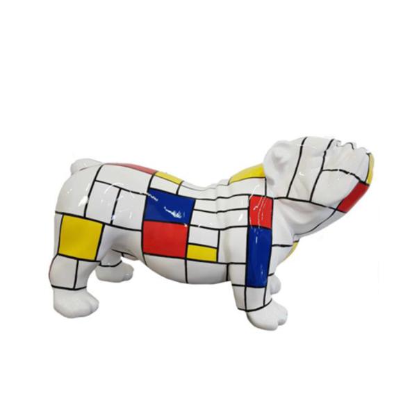 Abstract decorative sculpture designed as an white gloss dog with geometric colorful patterns 32x55cm