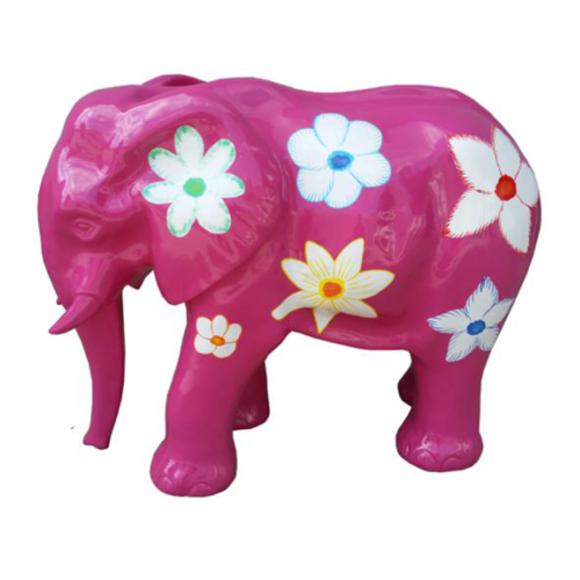 Abstract decorative sculpture designed as a gloss pnik colored standing elephant with colorful flowers 60x81cm