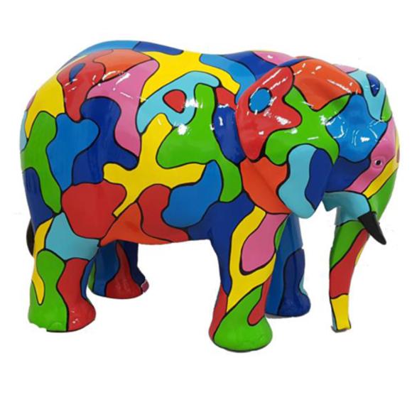 Decorative abstract sculpture designed as a gloss elephant with colorful mosaic patterns 85x116cm