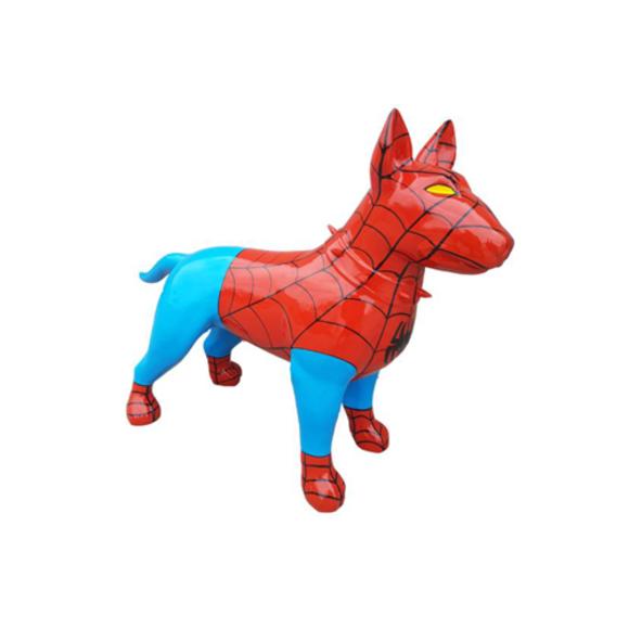 Modern style decorative sculpture designed as a gloss standing bull terrier in spiderman suit colored 85x116cm