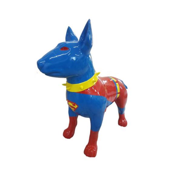 Decorative sculpture designed as a gloss standing bull terrier in superman kit colored 85x116cm