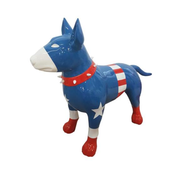 Decorative sculpture designed as a gloss standing bull terrier in classic superman kit colored 85x116cm