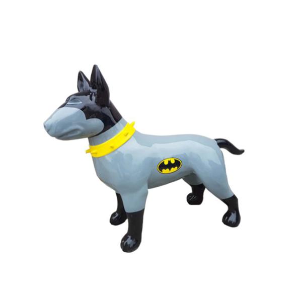 Decorative sculpture designed as a gloss bull terrier in classic batman suit colored 85x116cm