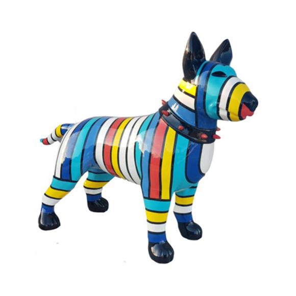 Abstract decorative sculpture designed as a gloss standing bull terrier in colorful blue tone stripes 85x116cm
