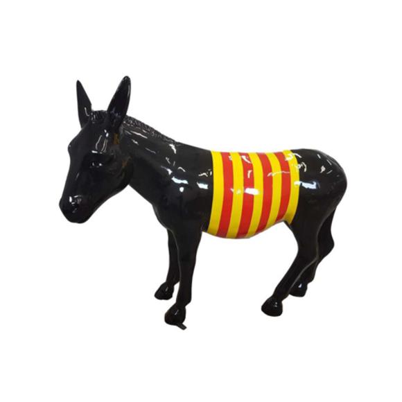 Abstract decorative gloss sculpture designed as a standing black donkey with black yellow stripes 145x174cm
