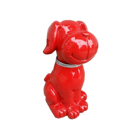Decorative gloss sculpture designed as a full red colored sitting cartoon dog with a brilliant collar 45cm