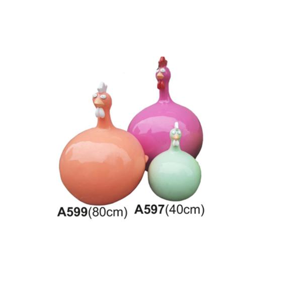 Decorative sculpture designed as a gloss bright colored funny round cartoon rooster 80cm