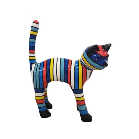 Abstract decorative sculpture designed as a gloss standing cat in colorful blue tone stripes 108x90cm