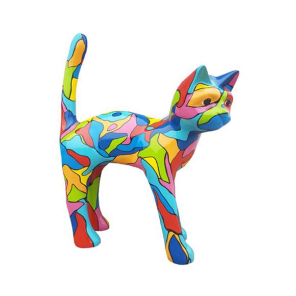Abstract decorative sculpture designed as a gloss standing cat in colorful mosaic patterns 108x90cm