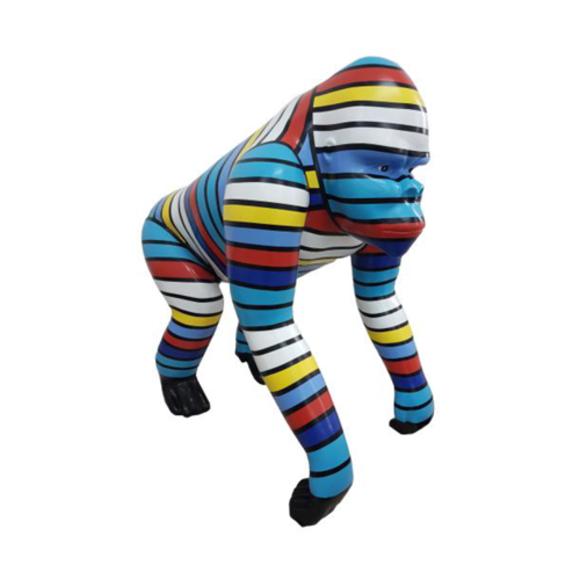 Abstract decorative sculpture designed as a standing gorilla in colorful stripes 70cm