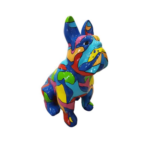 Abstract decorative sculpture designed as a gloss sitting dog in colorful mosaic patterns 79 cm
