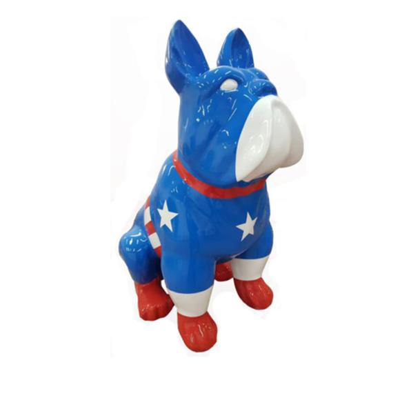 Decorative sculpture designed as a gloss sitting dog in colorful captain america suit 79cm