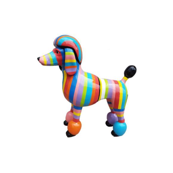 Abstract decorative sculpture designed as a gloss standing poodle in colorful stripes 63x64cm