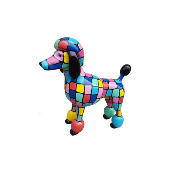 Abstract decorative sculpture designed as gloss standing poodle in colorful mosaic patterns 63x64cm
