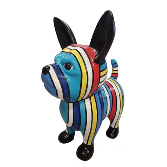 Decorative abstract sculpture designed as a standing puppy in colorful blue tone stripes 175x160cm